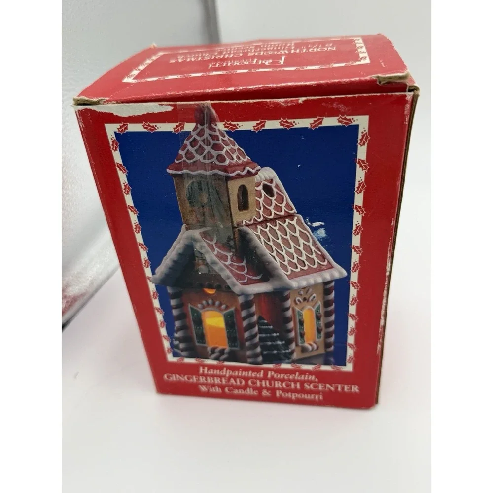 Vintage Handpainted Porcelain Gingerbread Church Scenter Candle